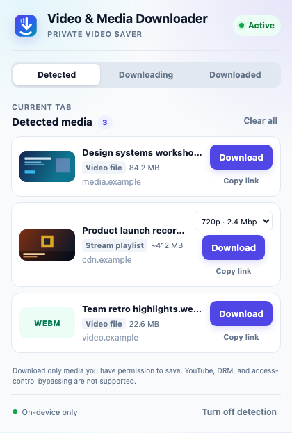 Video & Media Downloader popup showing a 720p quality picker for an HLS stream