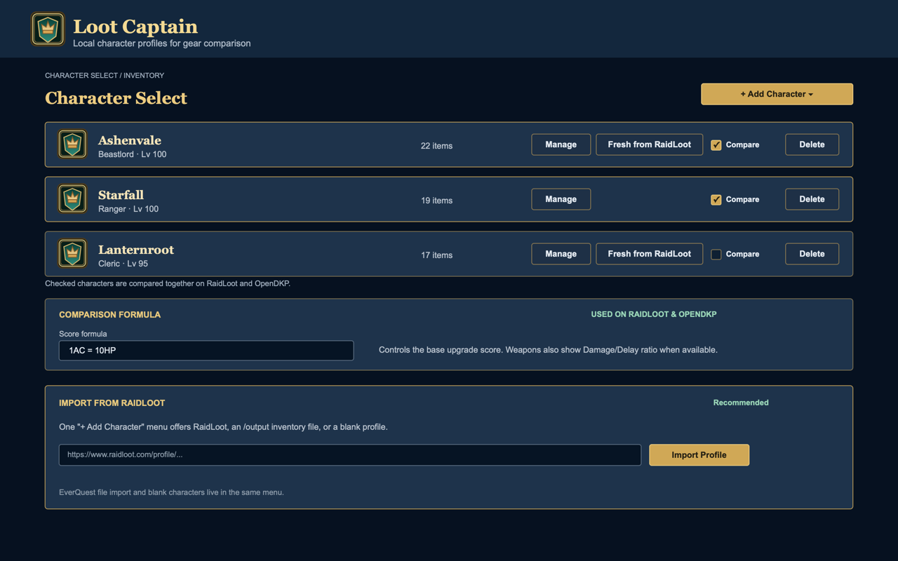 Loot Captain character selection page with three local profiles