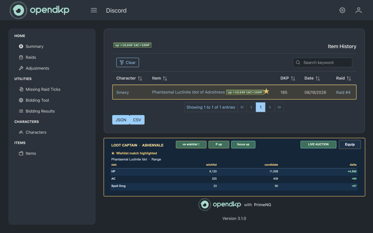 Loot Captain comparison badge on an OpenDKP item table