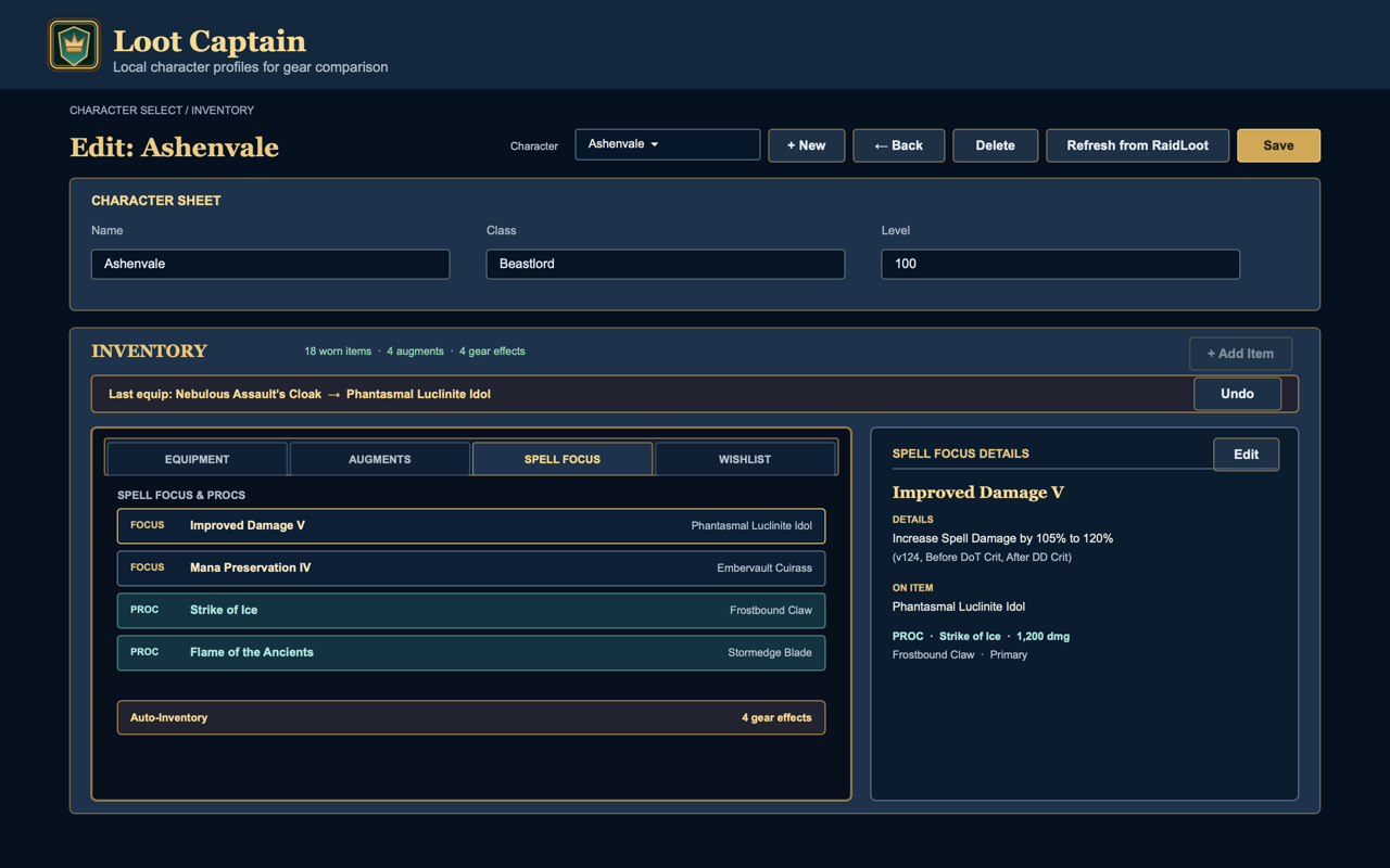 Loot Captain character editor with a 19-slot EverQuest equipment layout
